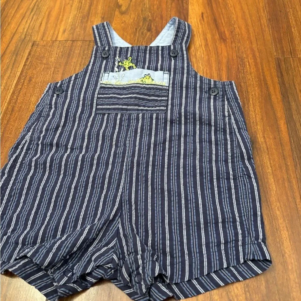 Carters vintage blue stripe embroidered frog seersucker overall shorts
